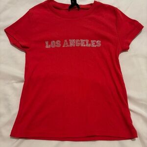 Red T-Shirt with 'Los Angeles' Rhinestone Design